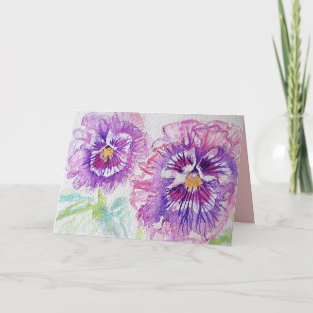 Belle carte aquarelle aux fleurs de pensée violett (Devant)