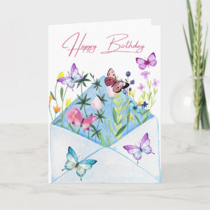 Belle carte d'anniversaire avec fleurs et papillon