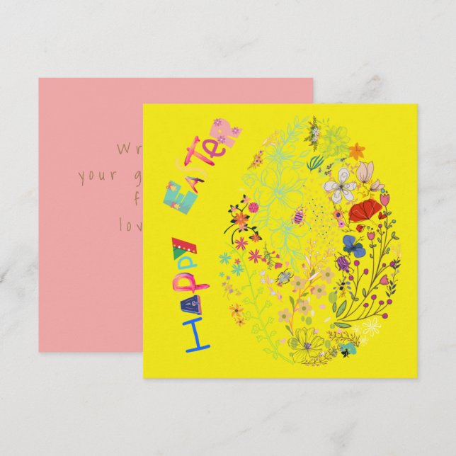 Belle carte de Pâques florale aux oeufs colorés (Devant / Derrière)