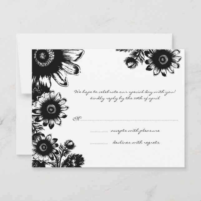 Belle carte de réponse de mariage à fleurs noires  (Devant)