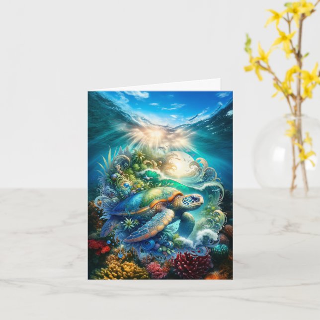Belle Carte de voeux Watercolor Sea Turtle (Fleur jaune)