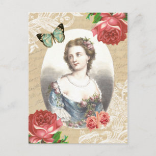 Belle carte postale vintage avec femme et rose