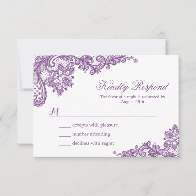 Belle carte RSVP de mariage en dentelle violette (Devant)