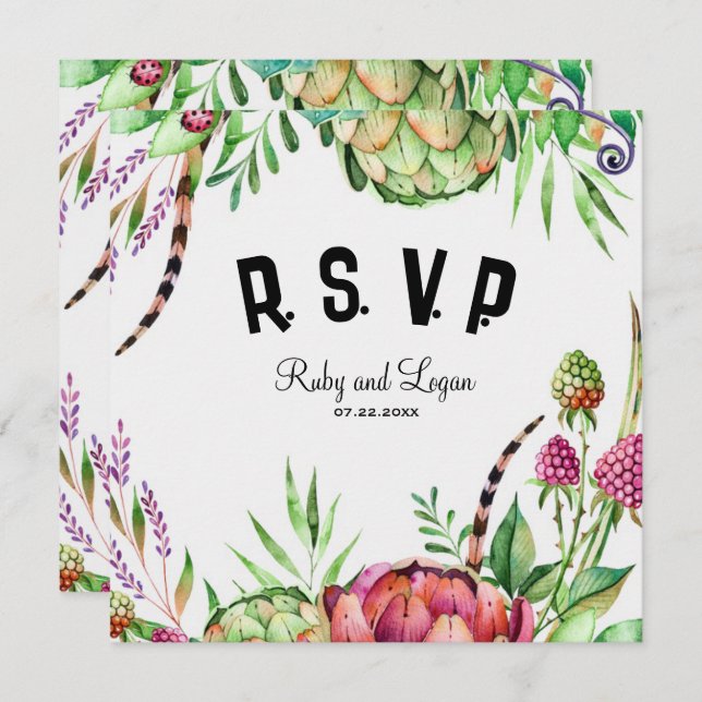 Belle carte RSVP mariage Succulents (Devant / Derrière)