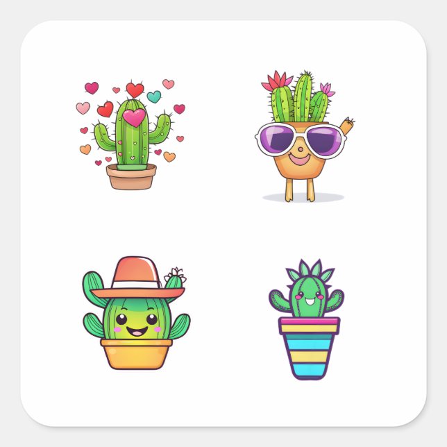 Belle Cartoon Cactus Funny 4 Stickers Pack.png (Devant)