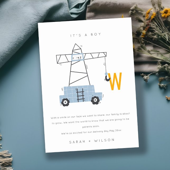 Belle construction grue Faire-part bébé garçon (Créateur téléchargé)