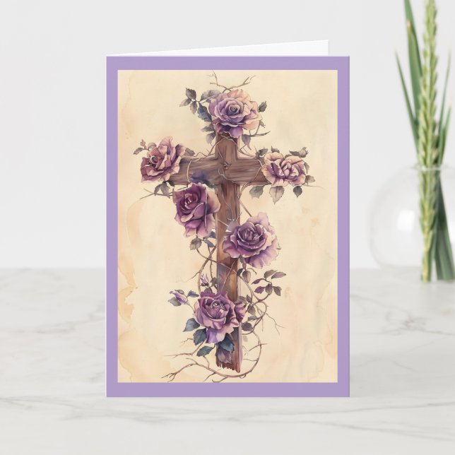 Belle Croix avec Roses Carte de Fête (Devant)