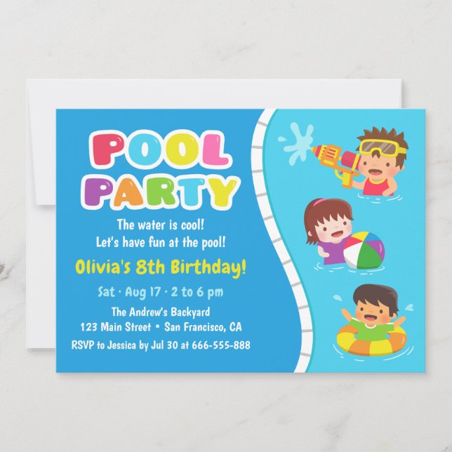 Belle Enfants Pool Fun Anniversaire Invitations (Devant)