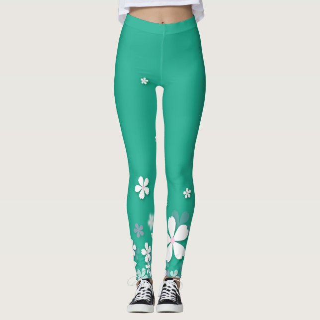 belle et mignonne fleurs blanches leggings verts (Devant)