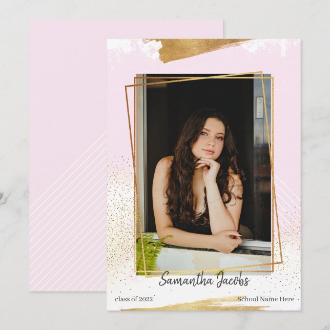 Belle Faire-part de graduation encadrée rose et or (Devant / Derrière)