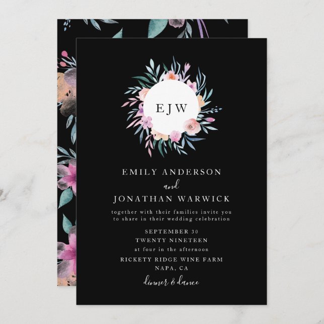 Belle Faire-part de mariage à fleurs peintes (Devant / Derrière)