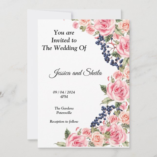 Belle Faire-part de mariage aux fleurs roses, (Devant)