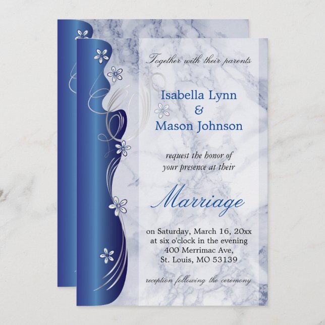 Belle Faire-part de mariage en marbre bleu profond (Devant / Derrière)