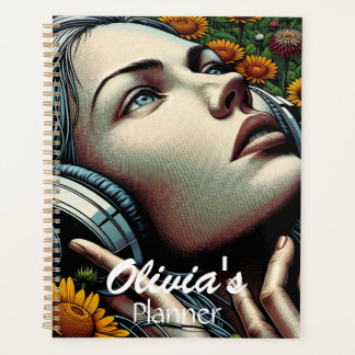 Belle femme avec casque dans les tournesols