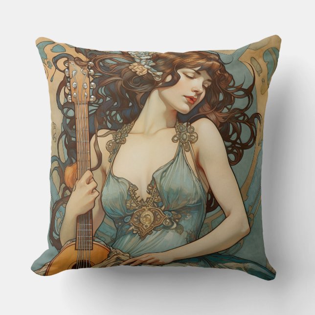 Belle Femme Avec Guitare Art Nouveau Coussin (Recto)