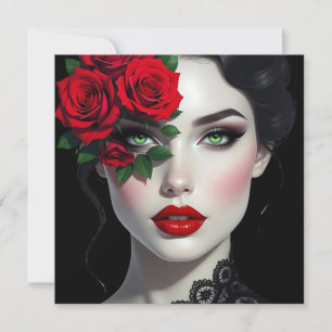 Belle Femme avec Rose Rouge Blanc