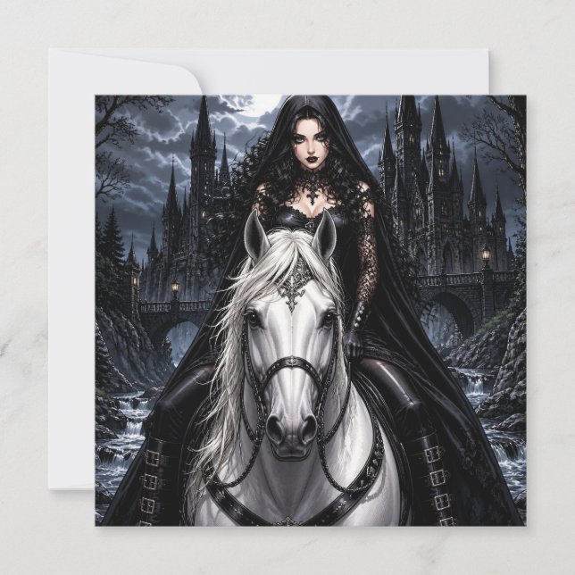 Belle femme gothique sur un cheval blanc  (Devant)