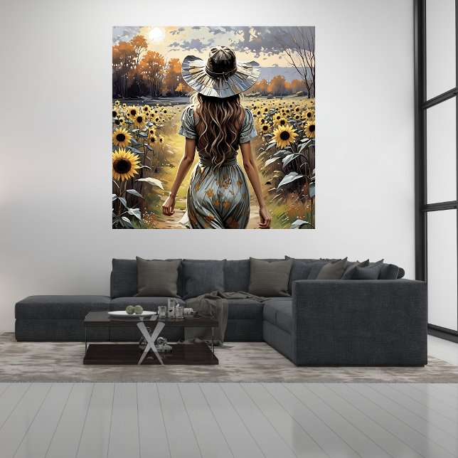 Belle Femme Marcher Parmi Les Tournesols Poster (Beautiful Woman Walking Among Sunflowers Poster Mockup 1)