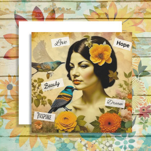 Belle femme Vintage aux oiseaux et aux fleurs