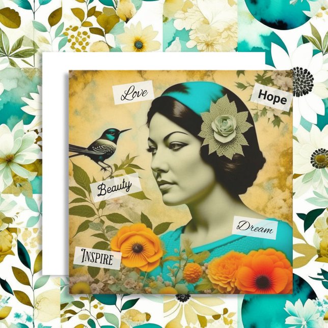 Belle femme vintage avec oiseau et fleurs (Créateur téléchargé)
