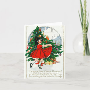 Belle Fille Danser Autour De La Carte De Noël Arbr