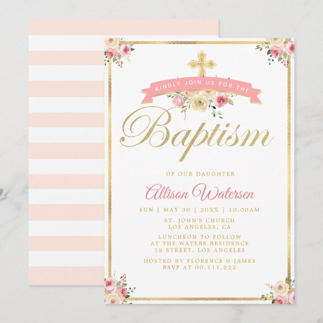 belle fille fleurie baptême invitation (Devant / Derrière)