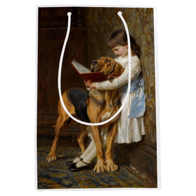 Belle fille Lecture à son sac cadeau chien (Devant)