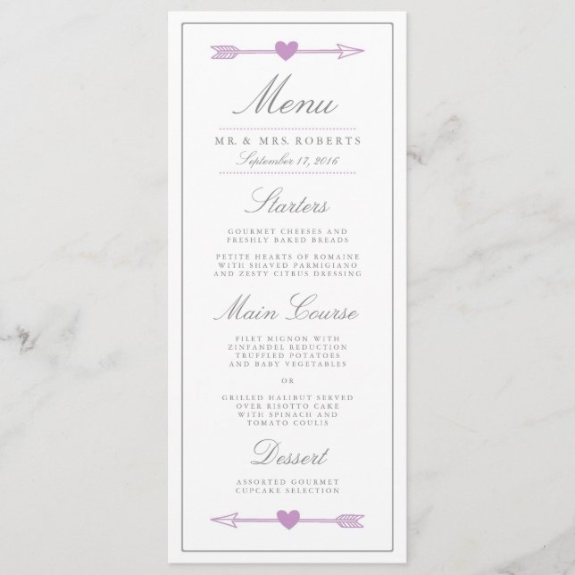 Belle Flèches Menu Mariage Dîner / Lilac et Grey (Devant)