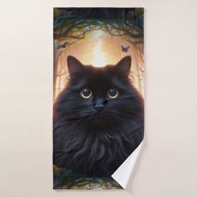 Belle Fluffy Chat Noir avec yeux or (Serviette de bain)