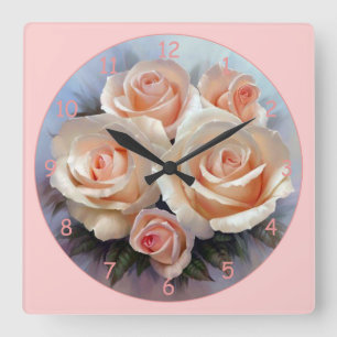 Belle horloge murale Carré Roses Roses Rose