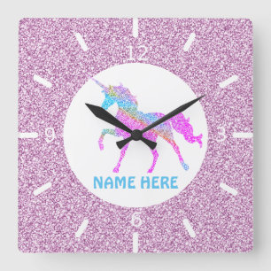Belle Horloge Murale Carrée Licorne Violette