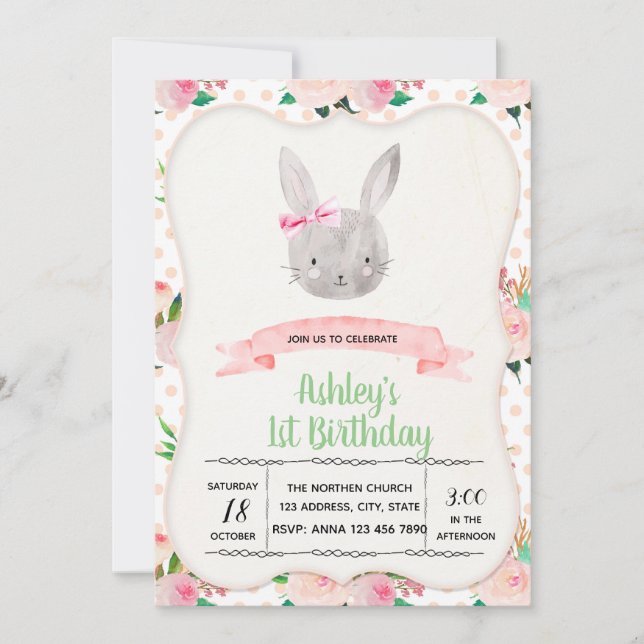 Belle invitation à la fête d'anniversaire de lapin (Devant)
