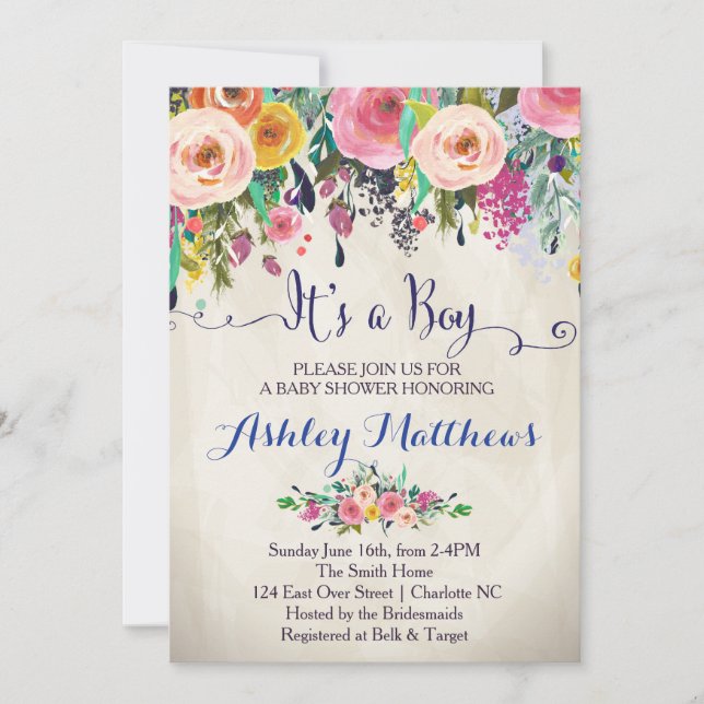 Belle Invitation Baby shower Floral, Bébé (Devant)