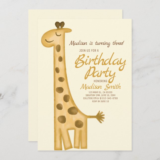 Belle invitation d'anniversaire à la Girafe Aquare (Devant / Derrière)