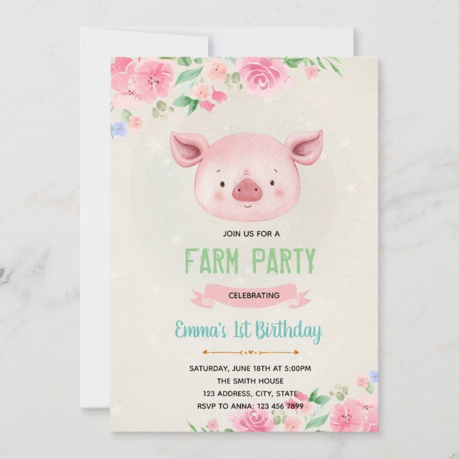 Belle invitation d'anniversaire de porc (Devant)