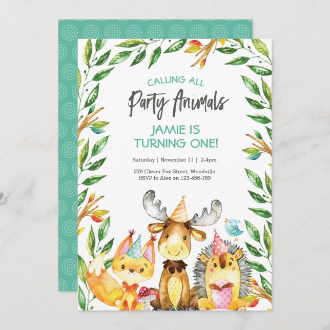 Belle invitation d'anniversaire pour les animaux d (Devant / Derrière)