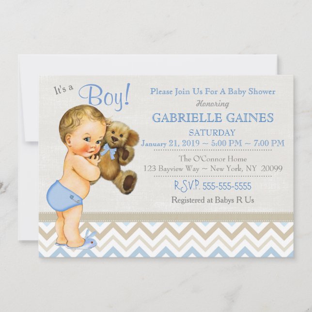 Belle invitation de Baby shower de garçon Personna (Devant)