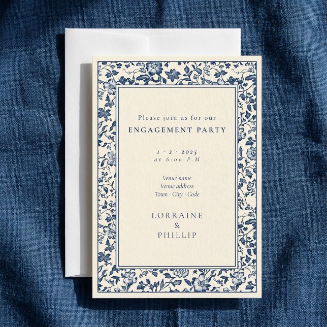 Belle invitation de fête de fiançailles florale de (Beautiful vintage style floral engagement party invitation.)