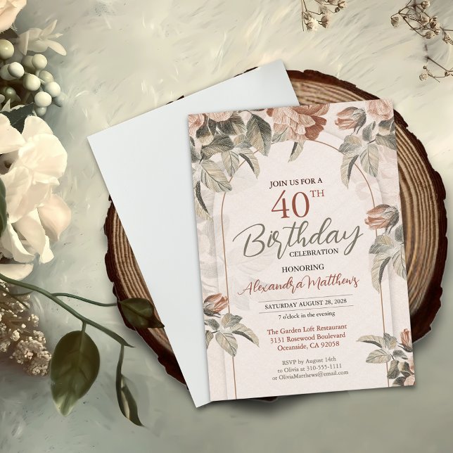 Belle invitation florale Boho pour 40e anniversair (Click "Personalize this Template" to easily change the age for any birthday celebration. )