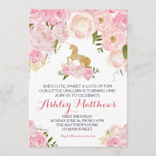 Belle Invitation Florale rose de l'Unicorne,