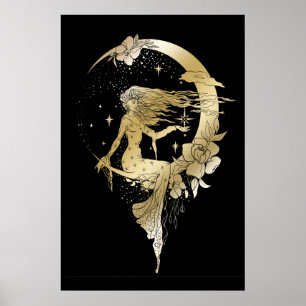Belle lune étoiles femme art déco illustration