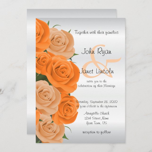 Belle Orange Rose Fleur mariage Invitations (Devant / Derrière)
