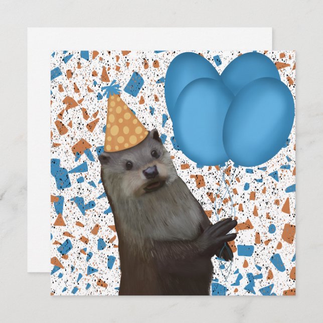 Belle Otter D'Anniversaire Avec Ballons Bleus (Devant / Derrière)