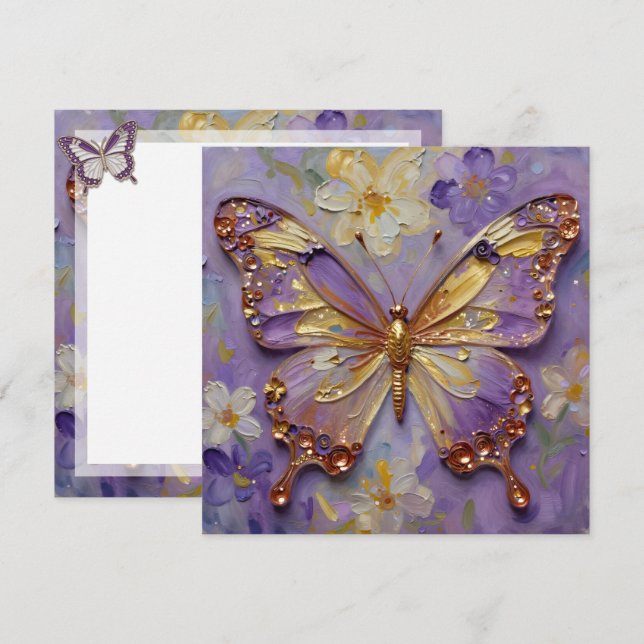 Belle Papillon Violet et Fleurs Carte Blanche (Devant / Derrière)