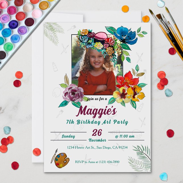 Belle peinture d'art Invitation pour la fête d'ann (Cute playful watercolor flowers and a hat photo art girl's birthday party invitation.)