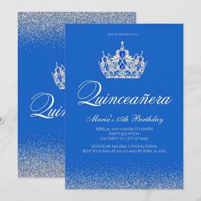 Belle Quinceanera bleu et argent Invitations (Devant / Derrière)
