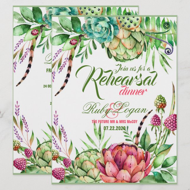 Belle Répétition Mariage Succulente Carte Dîner (Devant / Derrière)