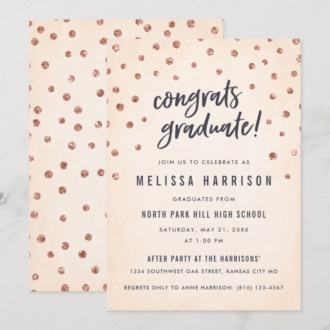 Belle Rose Gold Polka Dot Graduation Invitations (Devant / Derrière)