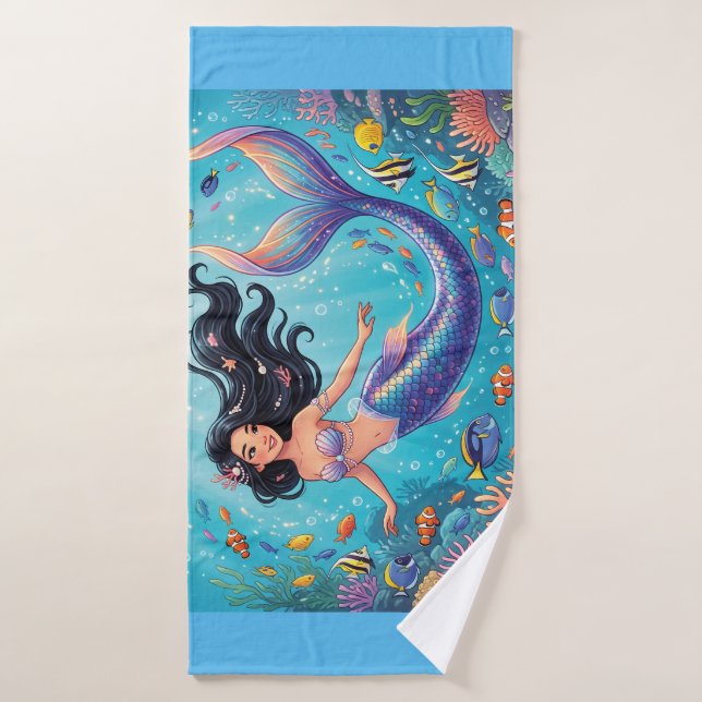 Belle sirène de dessin animé sous la mer  (Serviette de bain)