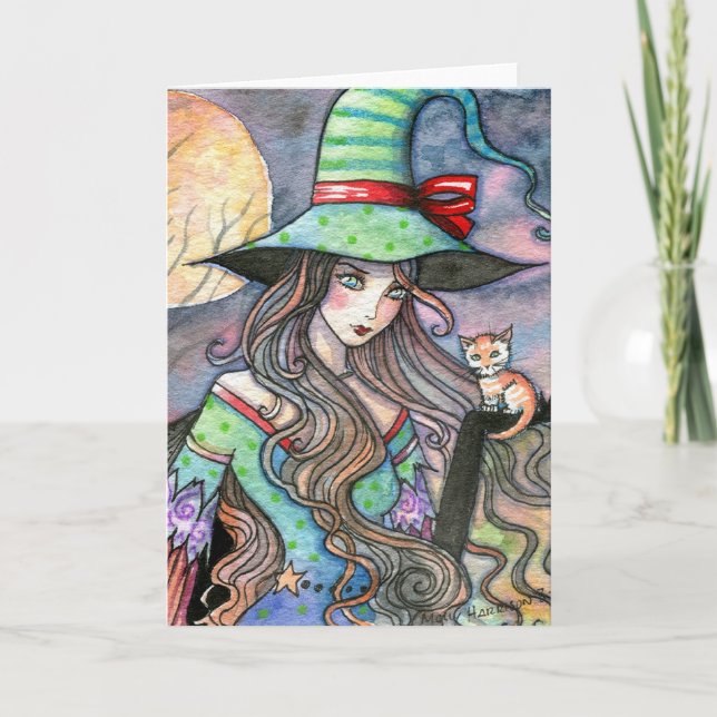 Belle Sorcière et Chaton Tigré Carte de Halloween (Devant)